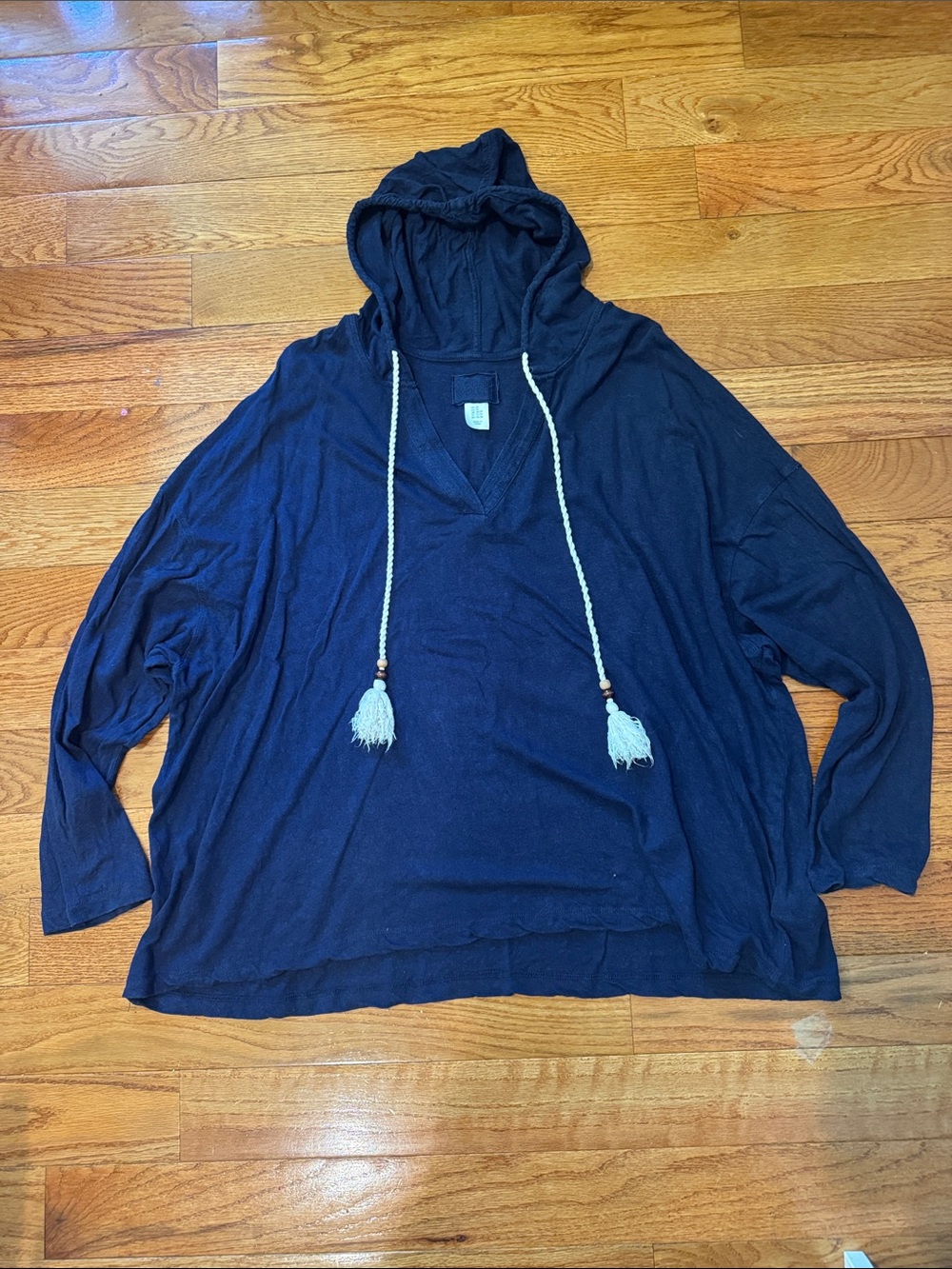 Sigrid Olsen Navy Hooded Pullover with Tassels